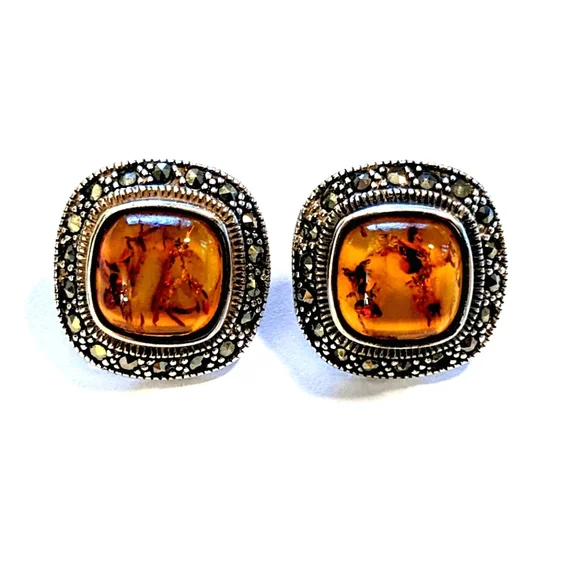 Vintage Sterling Silver Amber & Marcasite Earrings — ATI Mexico 925 - Picture 1 of 4